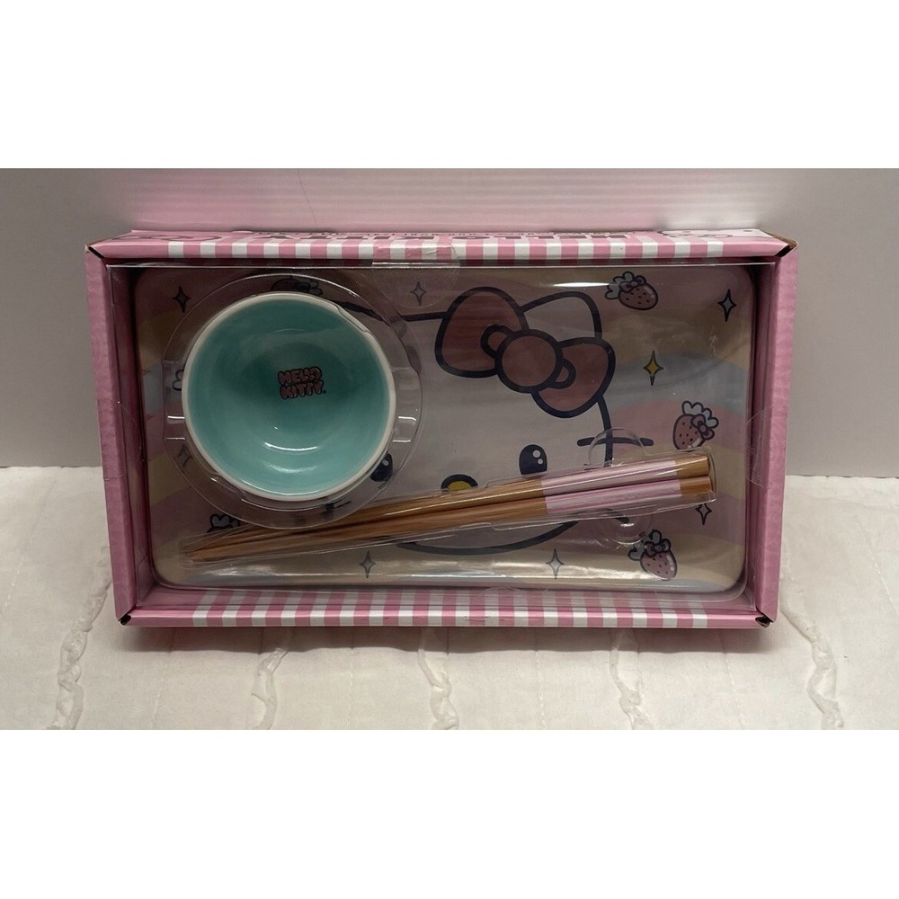 Sanrio Hello Kitty Strawberry 3 Piece Ceramic Sushi Set Sauce Chopsticks NEW